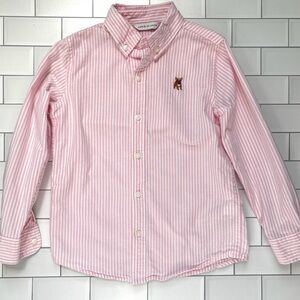 5🩷 Janie & Jack Boys Pink White Chambray Striped French Bulldog Collar Shirt